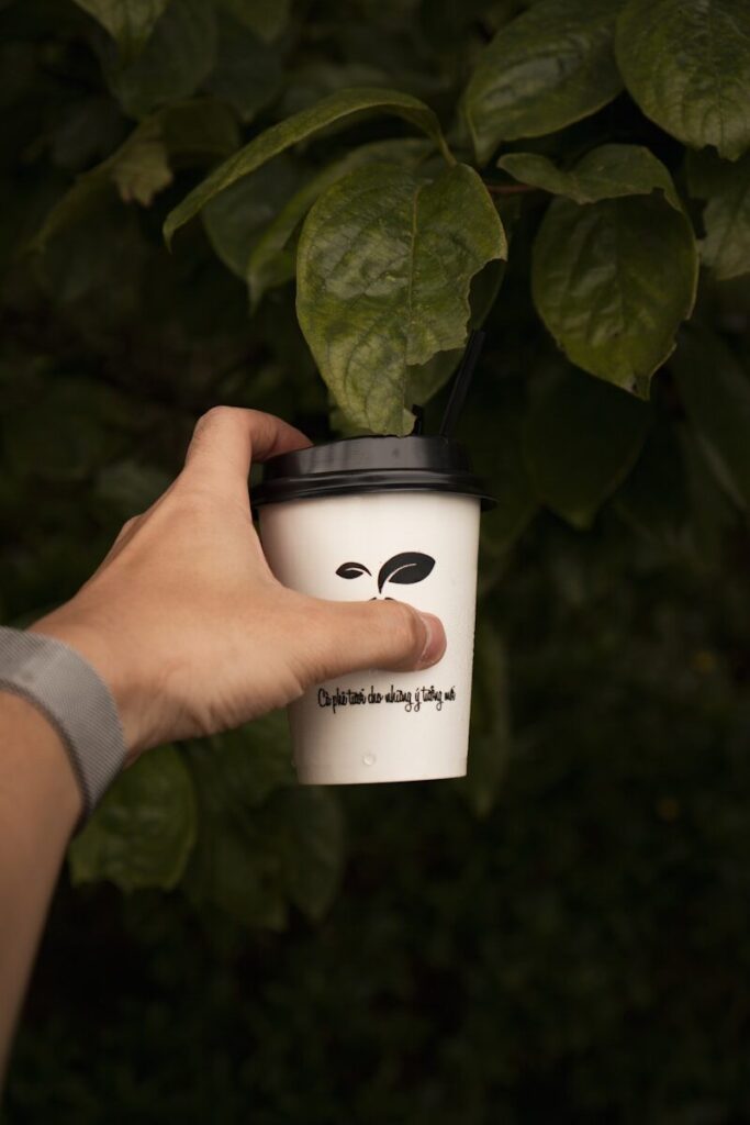 Hand holding a disposable coffee cup with green leaves